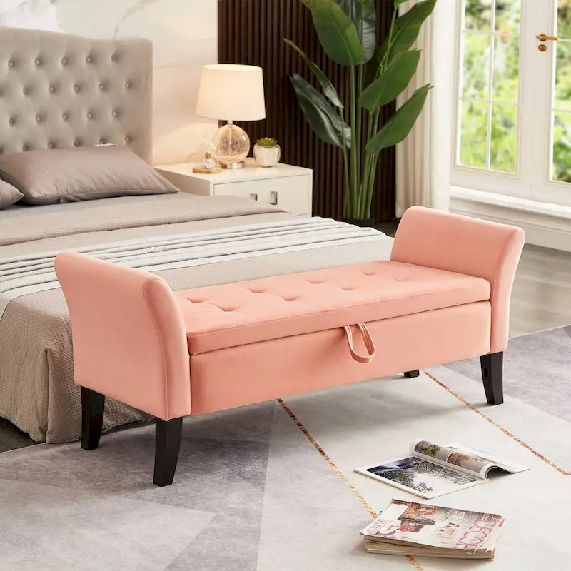 Upholstered Storage Bench with Curved Arms and Solid Wooden Legs