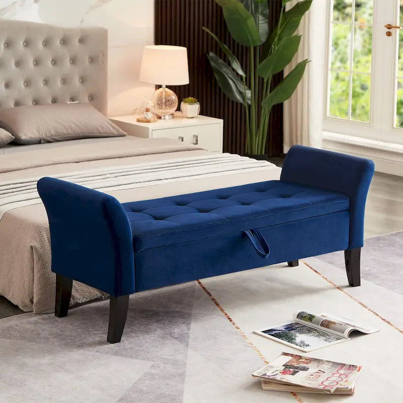 Upholstered Storage Bench with Curved Arms and Solid Wooden Legs