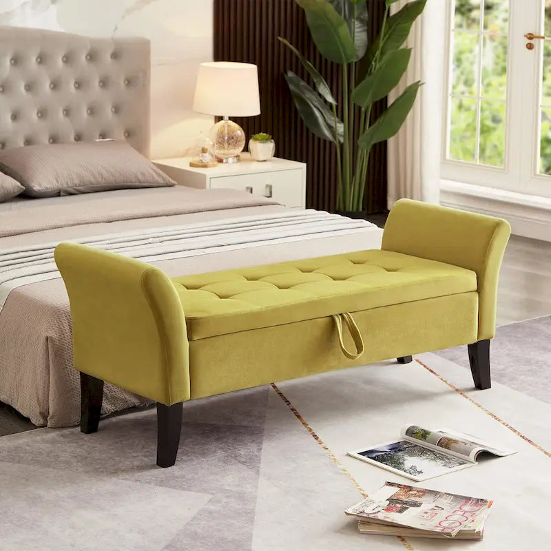 Upholstered Storage Bench with Curved Arms and Solid Wooden Legs