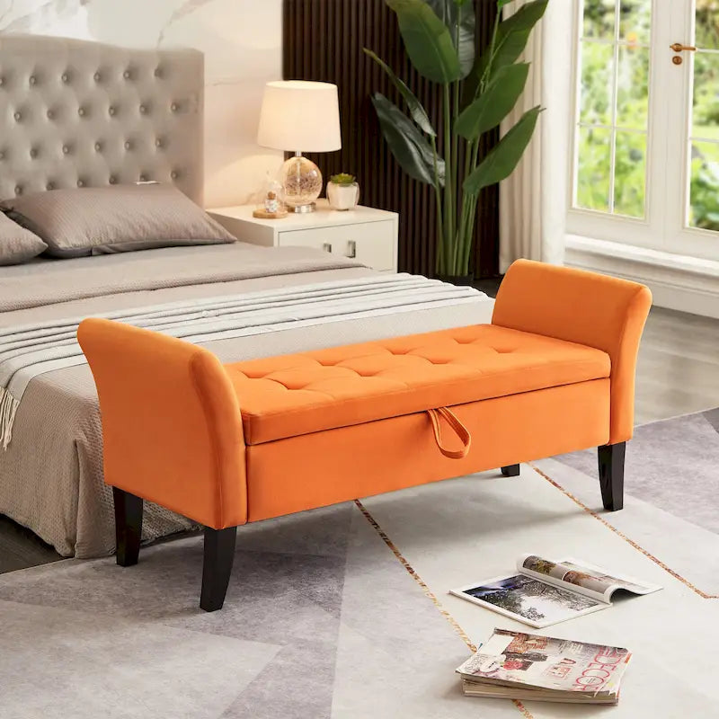 Upholstered Storage Bench with Curved Arms and Solid Wooden Legs