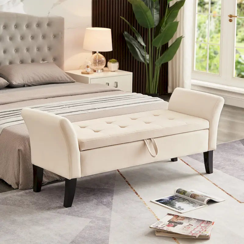 Upholstered Storage Bench with Curved Arms and Solid Wooden Legs