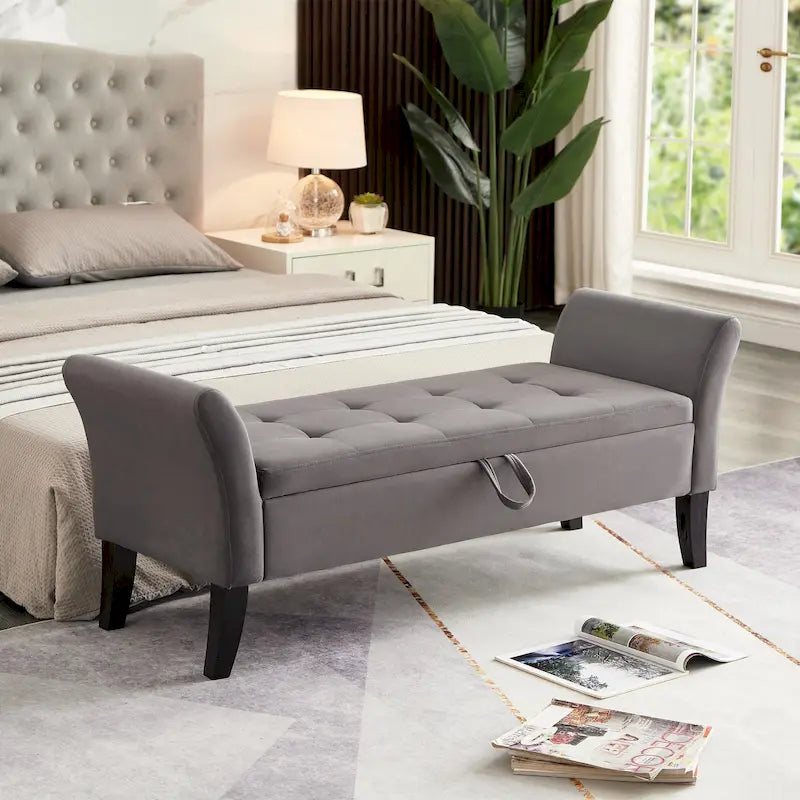 Upholstered Storage Bench with Curved Arms and Solid Wooden Legs