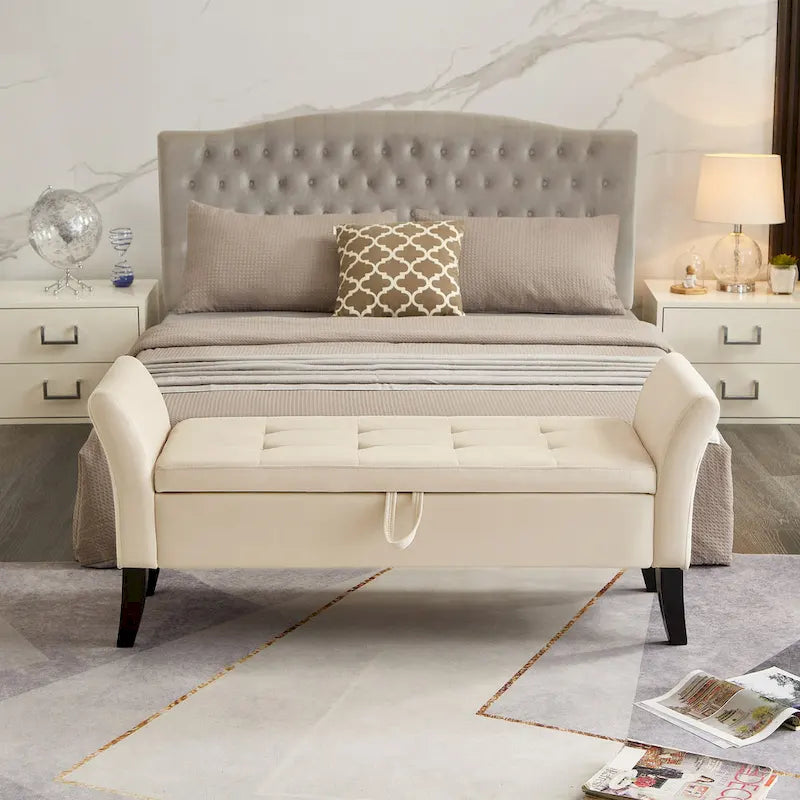 Upholstered Storage Bench with Curved Arms and Solid Wooden Legs