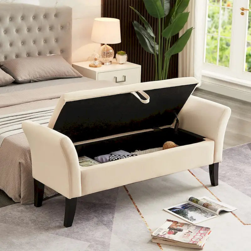 Upholstered Storage Bench with Curved Arms and Solid Wooden Legs