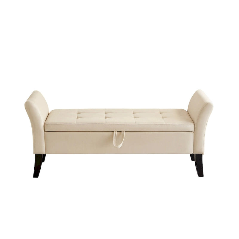 Upholstered Storage Bench with Curved Arms and Solid Wooden Legs