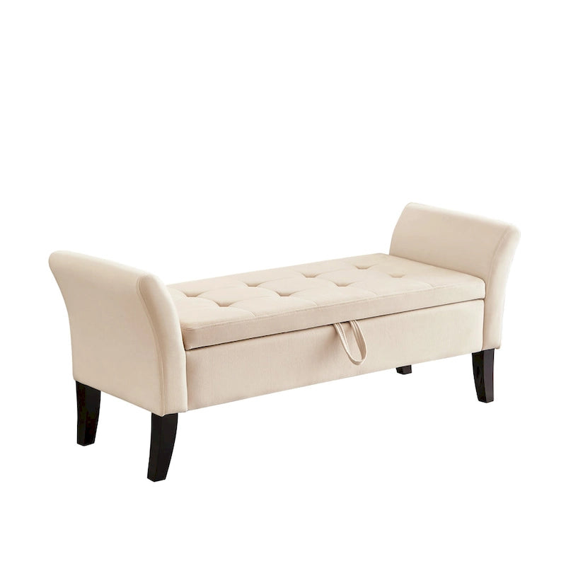 Upholstered Storage Bench with Curved Arms and Solid Wooden Legs