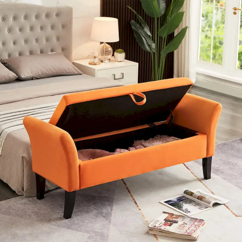 Upholstered Storage Bench with Curved Arms and Solid Wooden Legs