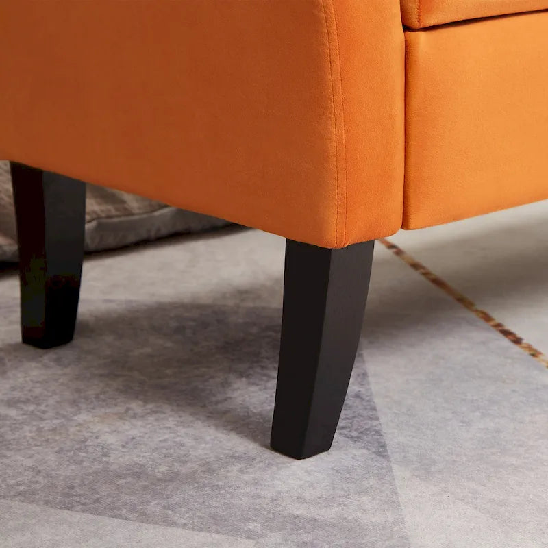 Upholstered Storage Bench with Curved Arms and Solid Wooden Legs