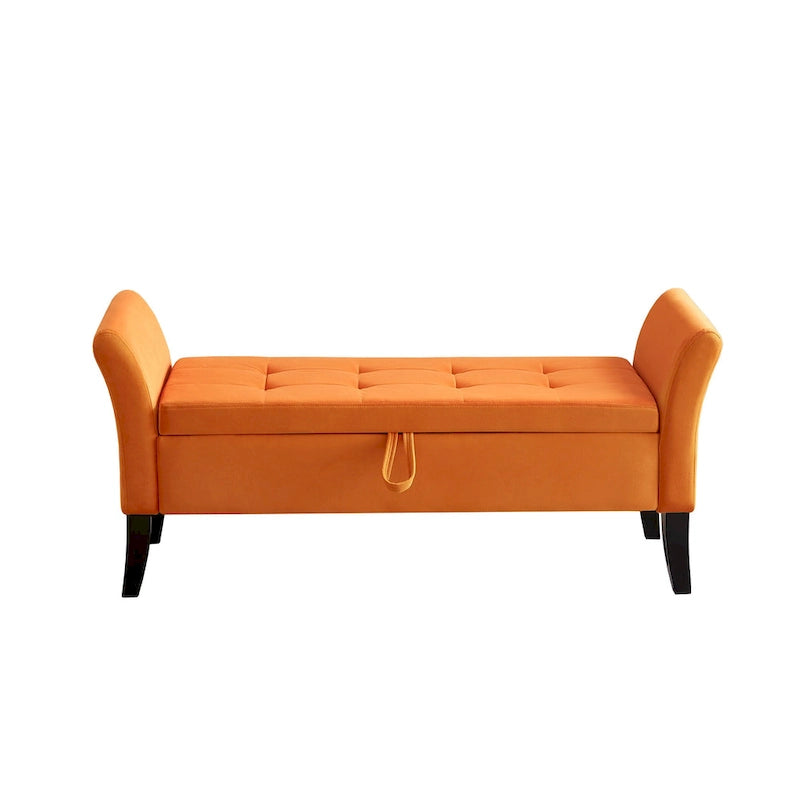 Upholstered Storage Bench with Curved Arms and Solid Wooden Legs