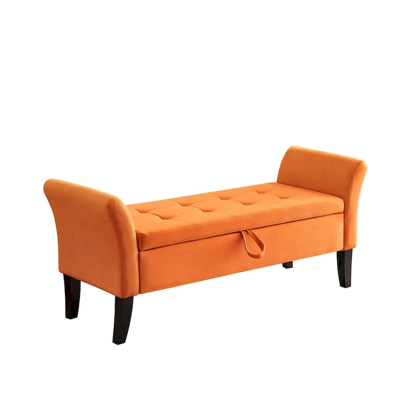 Upholstered Storage Bench with Curved Arms and Solid Wooden Legs