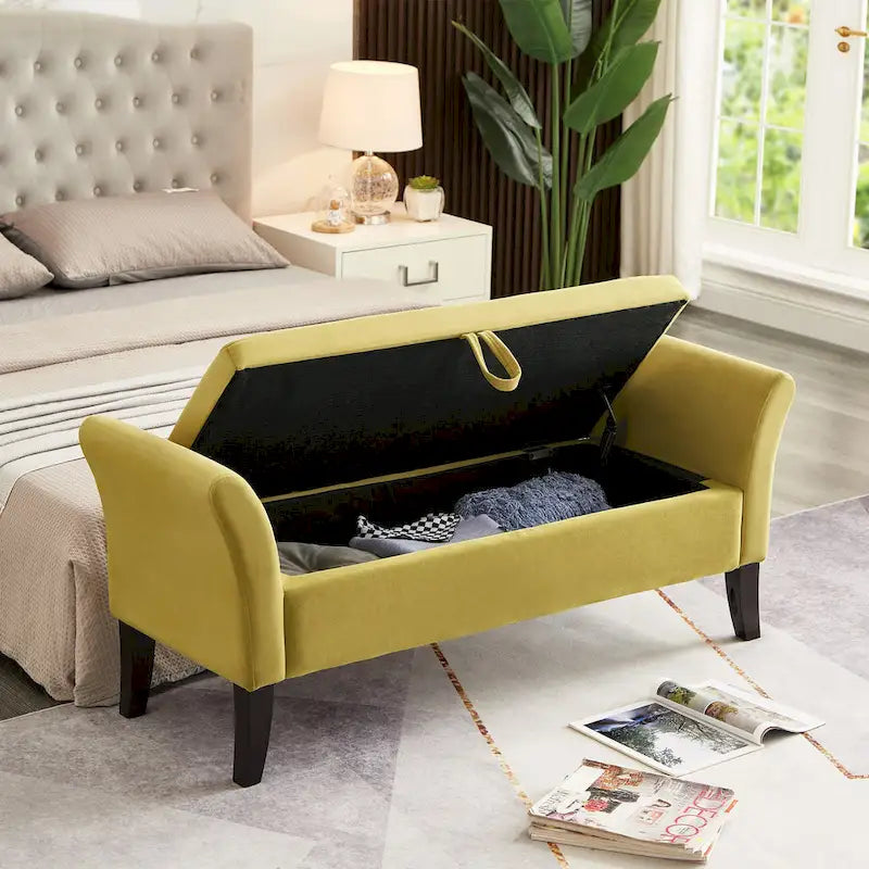 Upholstered Storage Bench with Curved Arms and Solid Wooden Legs
