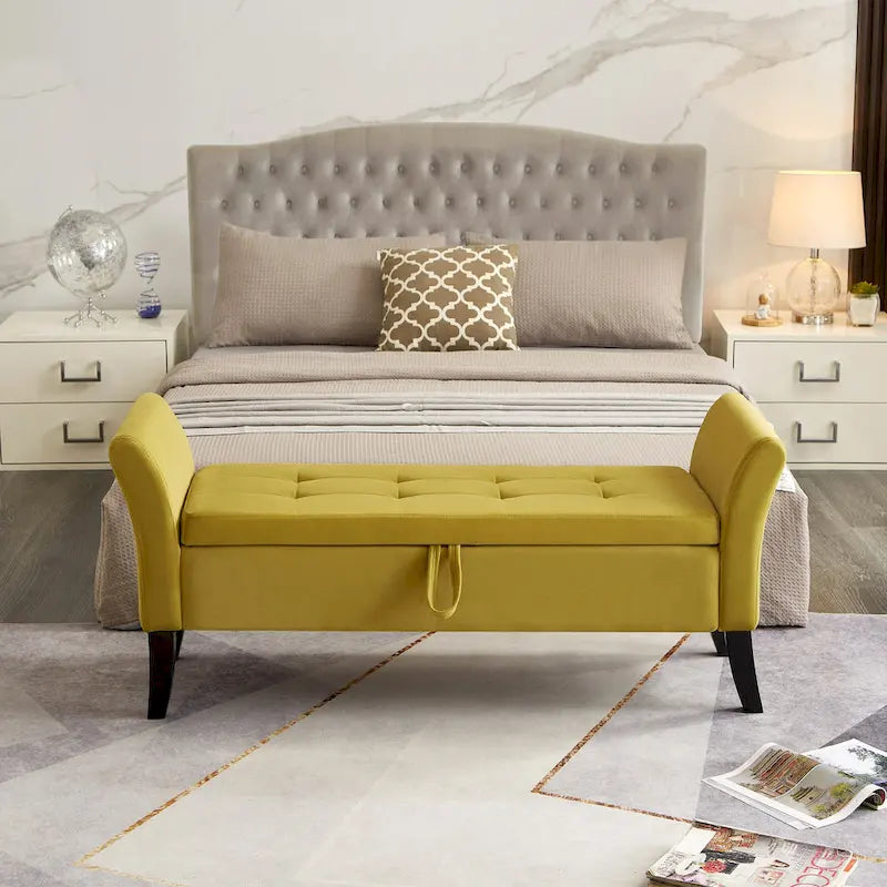 Upholstered Storage Bench with Curved Arms and Solid Wooden Legs