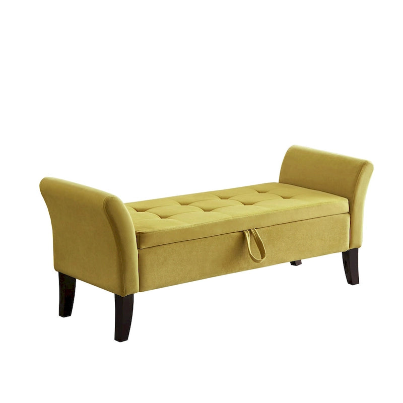 Upholstered Storage Bench with Curved Arms and Solid Wooden Legs