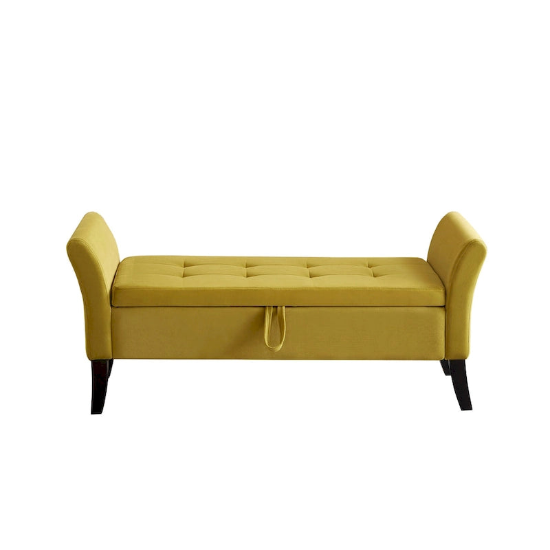 Upholstered Storage Bench with Curved Arms and Solid Wooden Legs