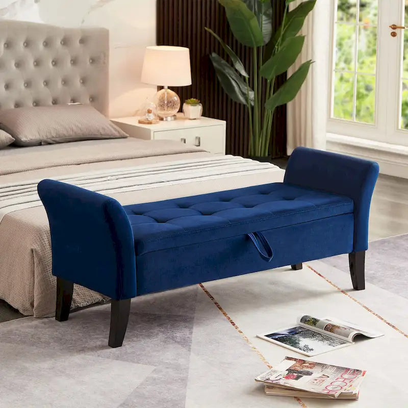 Upholstered Storage Bench with Curved Arms and Solid Wooden Legs