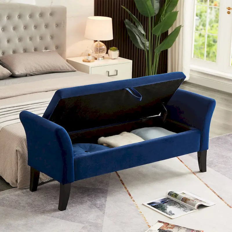 Upholstered Storage Bench with Curved Arms and Solid Wooden Legs