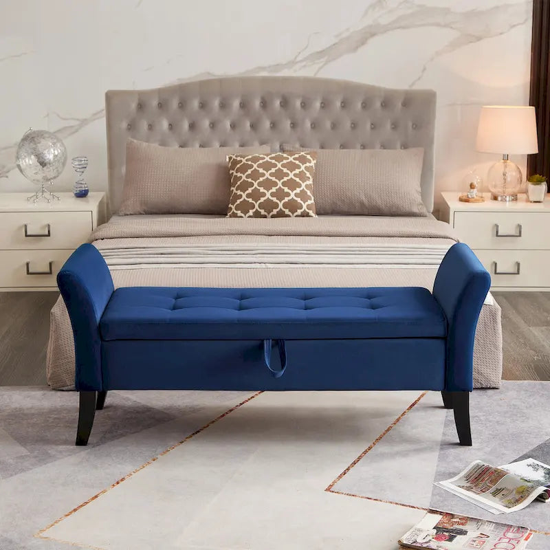 Upholstered Storage Bench with Curved Arms and Solid Wooden Legs