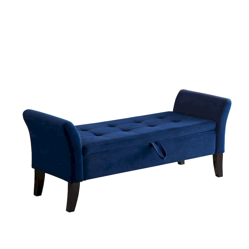 Upholstered Storage Bench with Curved Arms and Solid Wooden Legs