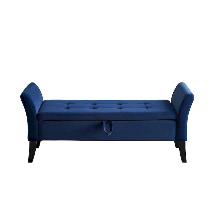Upholstered Storage Bench with Curved Arms and Solid Wooden Legs
