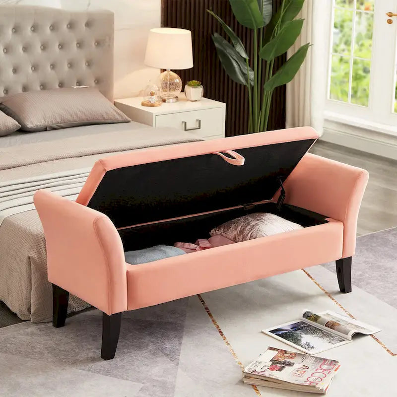 Upholstered Storage Bench with Curved Arms and Solid Wooden Legs