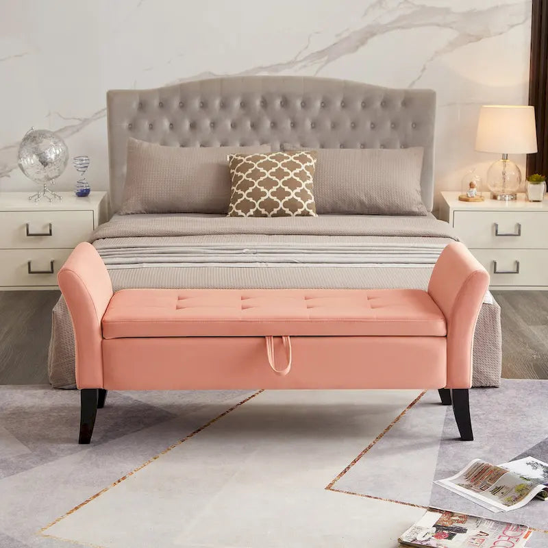 Upholstered Storage Bench with Curved Arms and Solid Wooden Legs