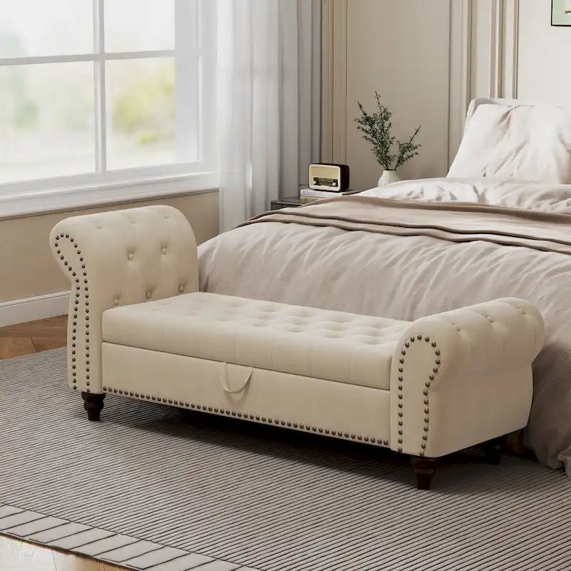 64.5" Tufted Chaise Bench with Storage and Velvet Upholstery
