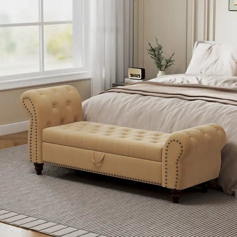 64.5" Tufted Chaise Bench with Storage and Velvet Upholstery