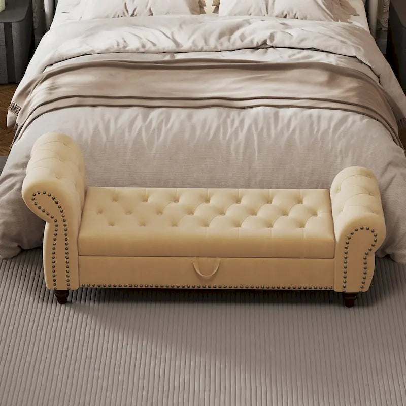 64.5" Tufted Chaise Bench with Storage and Velvet Upholstery