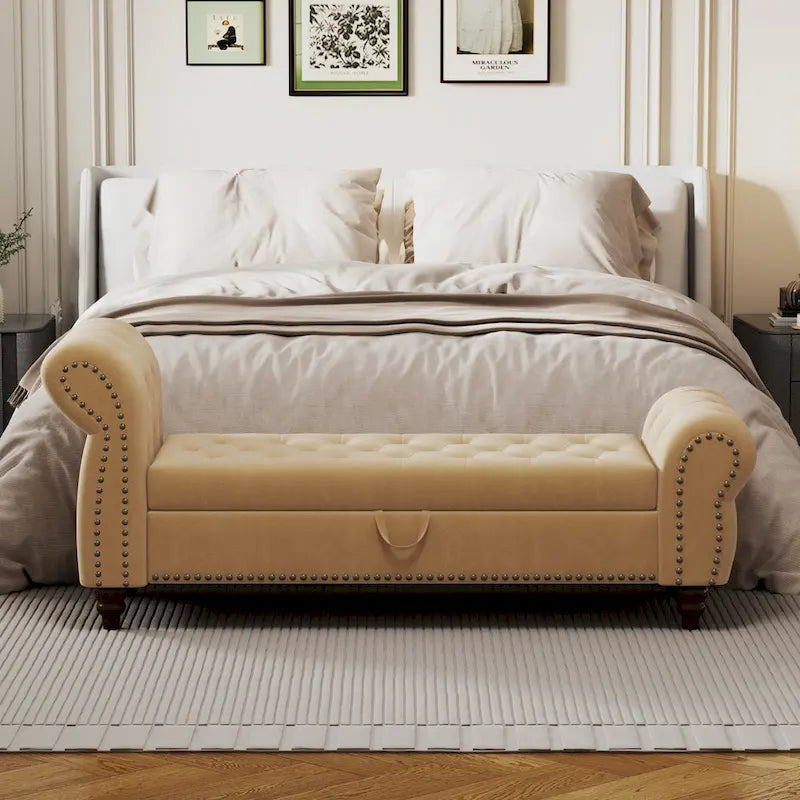 64.5" Tufted Chaise Bench with Storage and Velvet Upholstery
