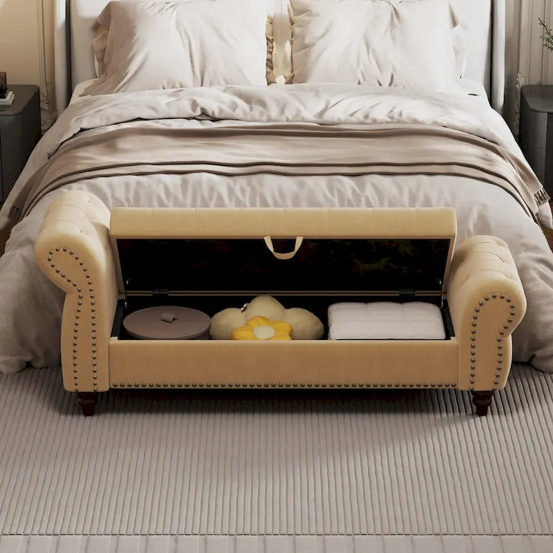 64.5" Tufted Chaise Bench with Storage and Velvet Upholstery