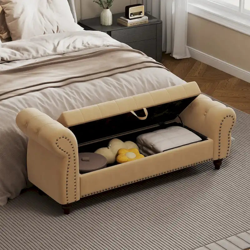 64.5" Tufted Chaise Bench with Storage and Velvet Upholstery