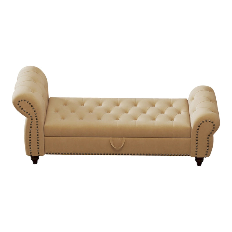 64.5" Tufted Chaise Bench with Storage and Velvet Upholstery
