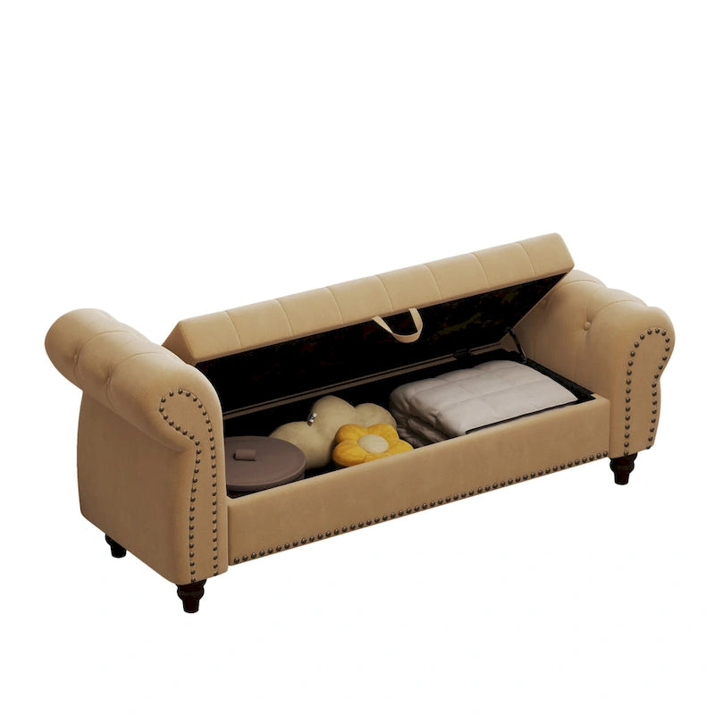 64.5" Tufted Chaise Bench with Storage and Velvet Upholstery