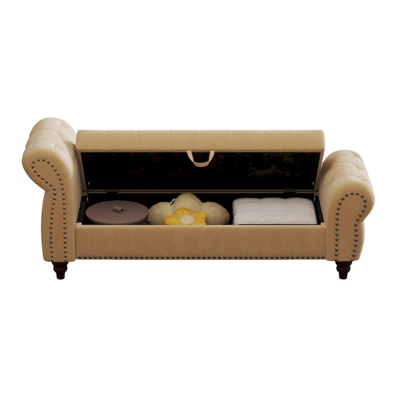 64.5" Tufted Chaise Bench with Storage and Velvet Upholstery