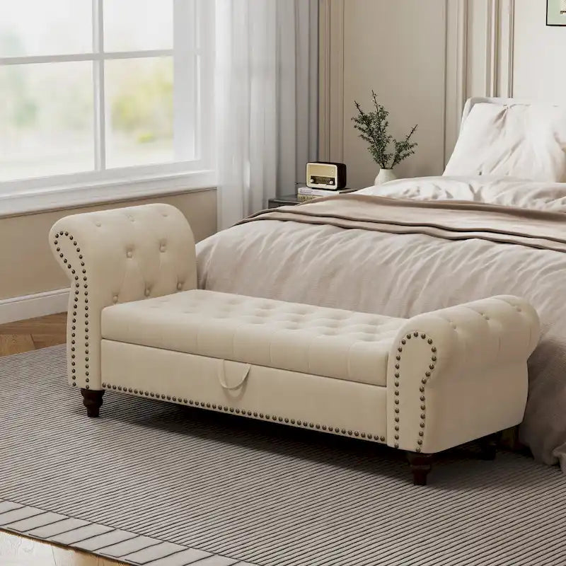 64.5" Tufted Chaise Bench with Storage and Velvet Upholstery