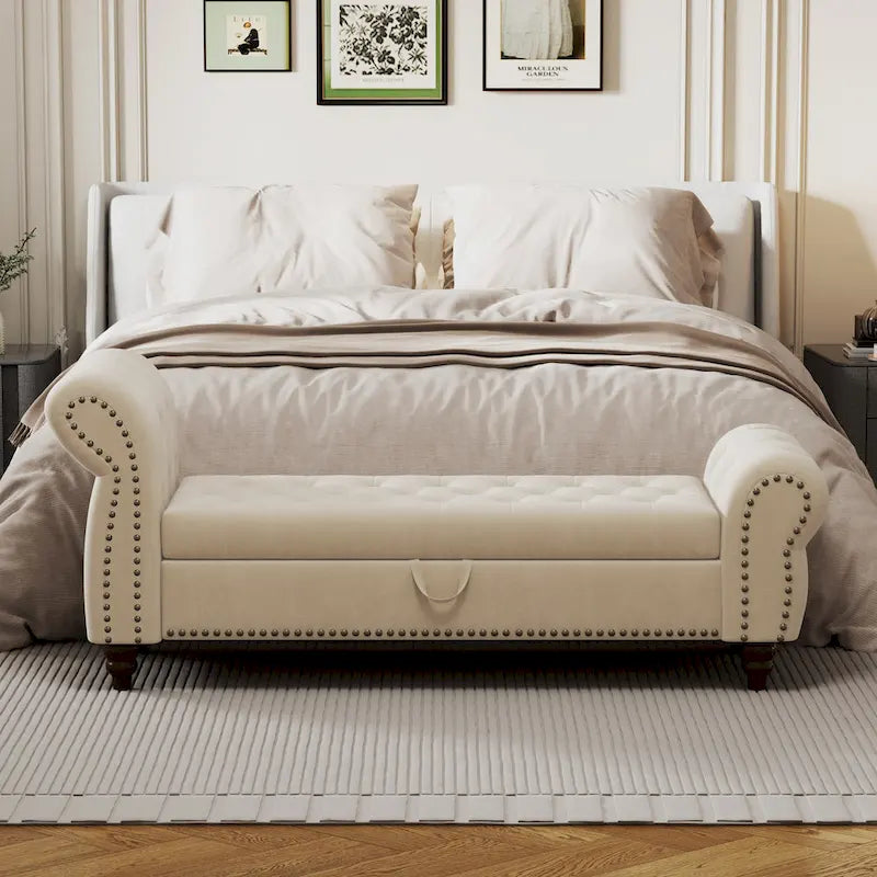 64.5" Tufted Chaise Bench with Storage and Velvet Upholstery