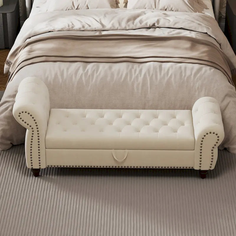 64.5" Tufted Chaise Bench with Storage and Velvet Upholstery
