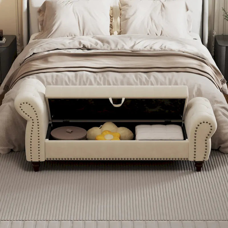64.5" Tufted Chaise Bench with Storage and Velvet Upholstery