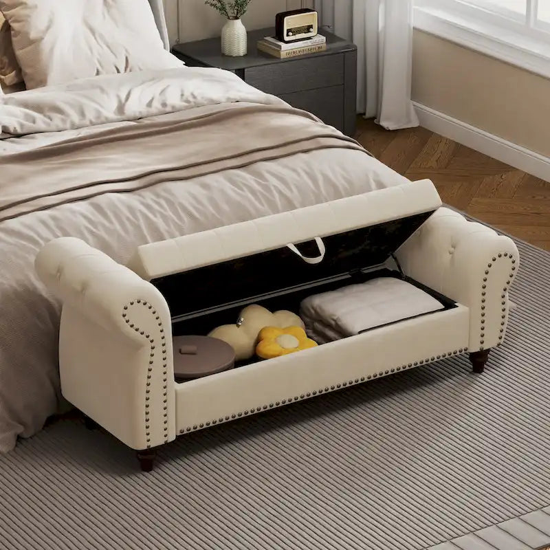 64.5" Tufted Chaise Bench with Storage and Velvet Upholstery