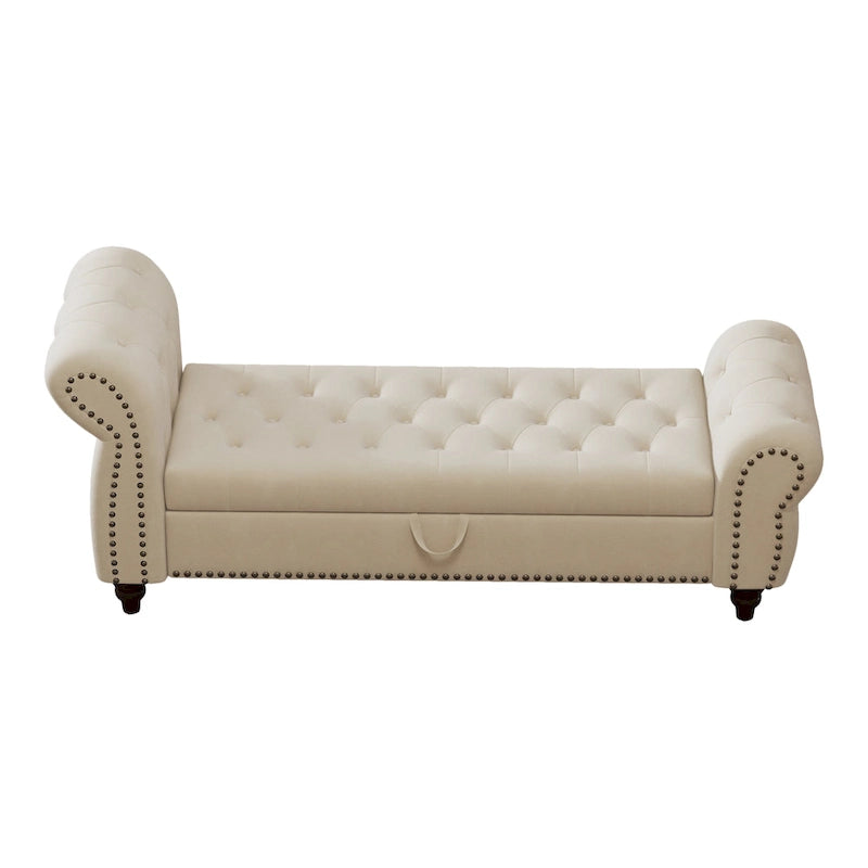 64.5" Tufted Chaise Bench with Storage and Velvet Upholstery