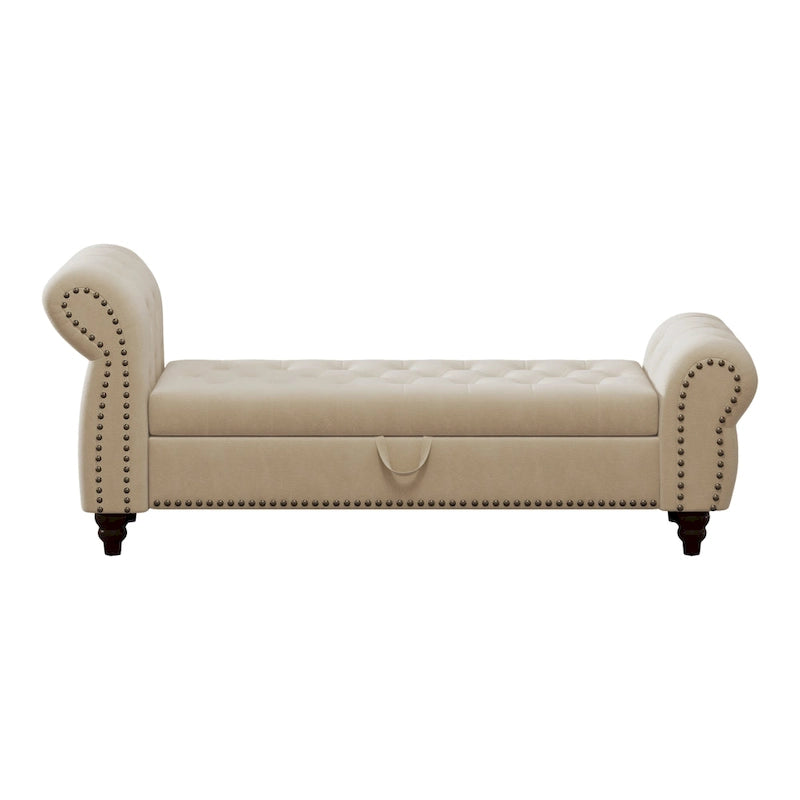 64.5" Tufted Chaise Bench with Storage and Velvet Upholstery