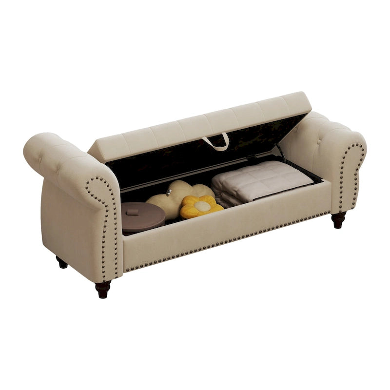 64.5" Tufted Chaise Bench with Storage and Velvet Upholstery