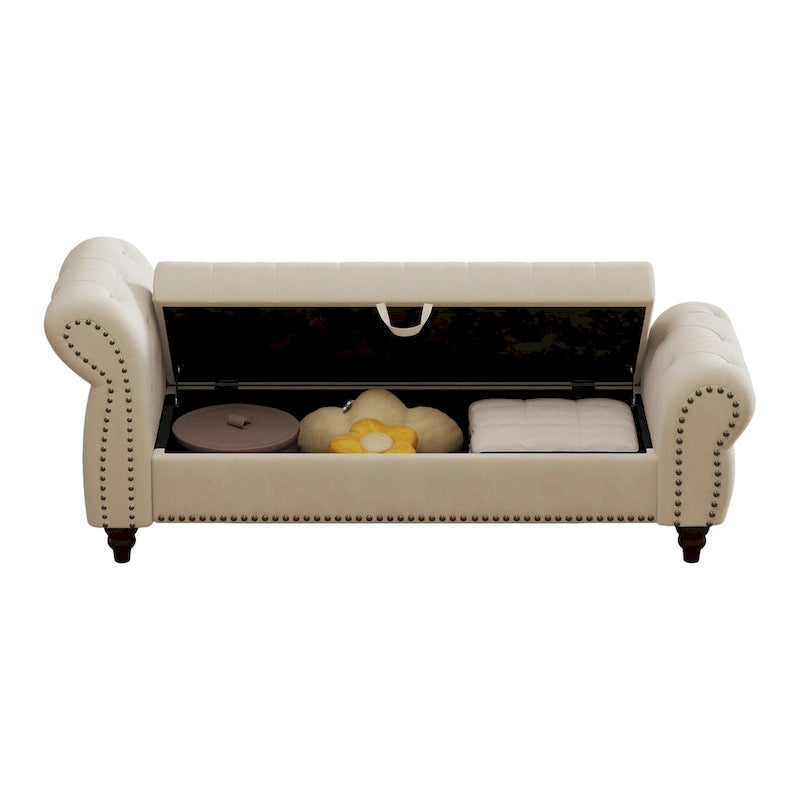 64.5" Tufted Chaise Bench with Storage and Velvet Upholstery