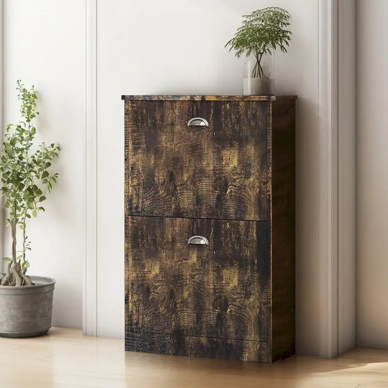 Hidden Slim Narrow Shoe Rack Cabinet with 2 Flip-Top Drawers for Entryway Foyer Hallway Bedroom