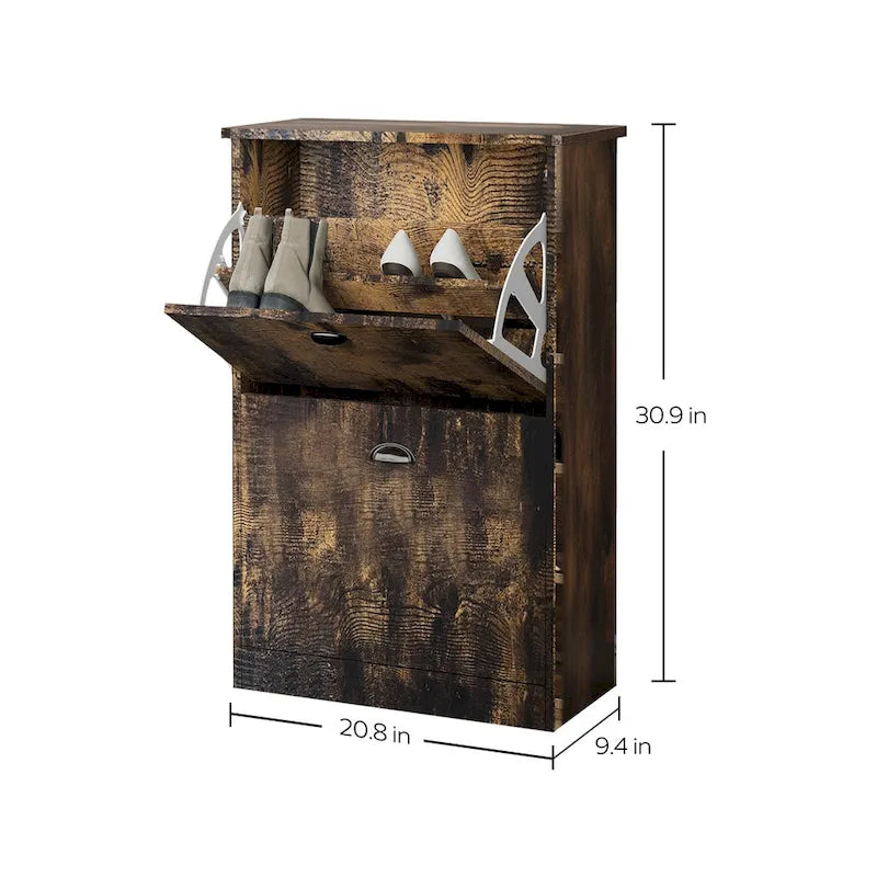 Hidden Slim Narrow Shoe Rack Cabinet with 2 Flip-Top Drawers for Entryway Foyer Hallway Bedroom