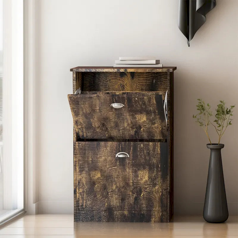Hidden Slim Narrow Shoe Rack Cabinet with 2 Flip-Top Drawers for Entryway Foyer Hallway Bedroom