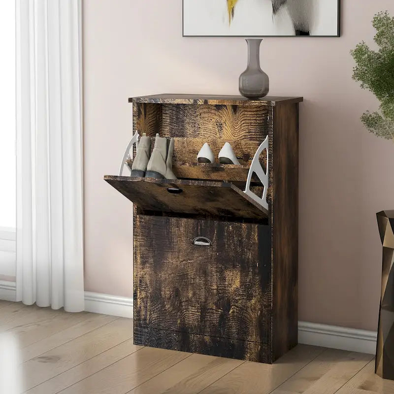 Hidden Slim Narrow Shoe Rack Cabinet with 2 Flip-Top Drawers for Entryway Foyer Hallway Bedroom