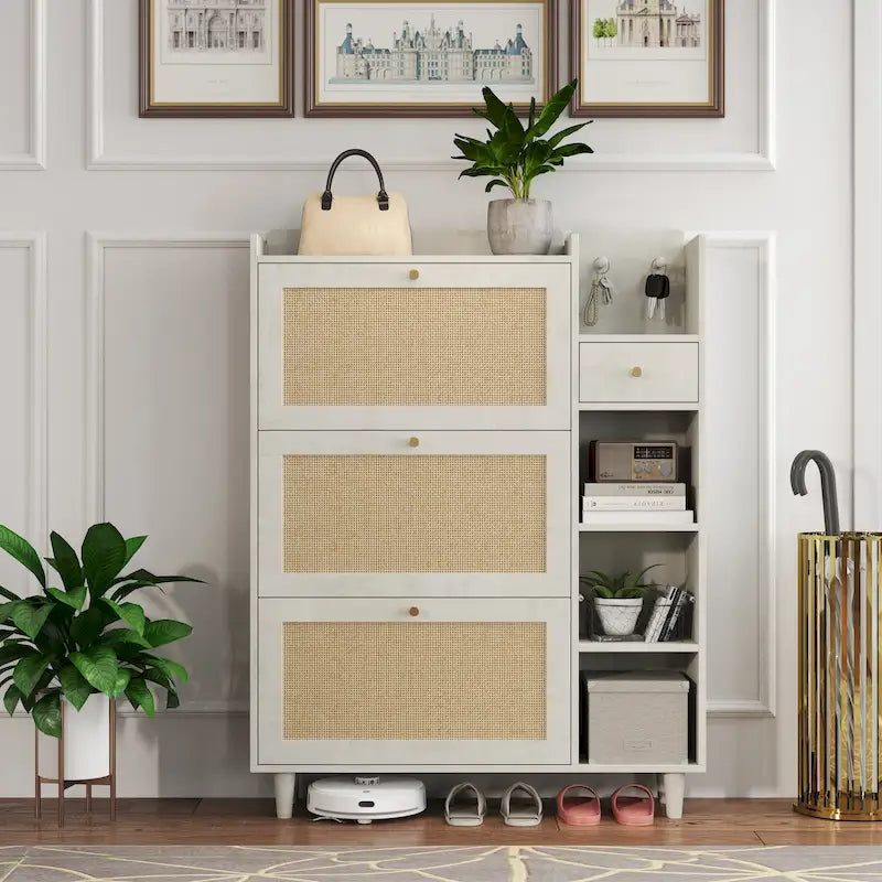 Rattan Flip Door Shoe Cabinet with Adjustable Shelves and Storage Drawer