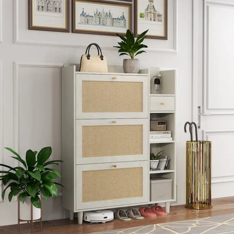 Rattan Flip Door Shoe Cabinet with Adjustable Shelves and Storage Drawer