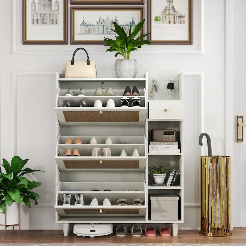 Rattan Flip Door Shoe Cabinet with Adjustable Shelves and Storage Drawer